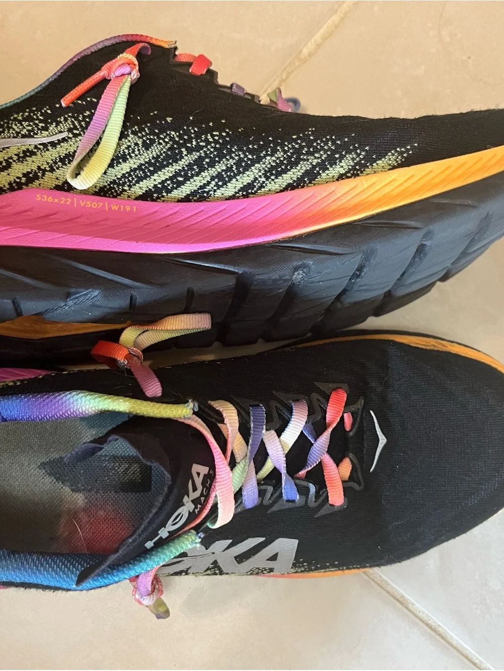 Hoka One One Women’s Black Running Shoes with Rainbow Midsole and Laces